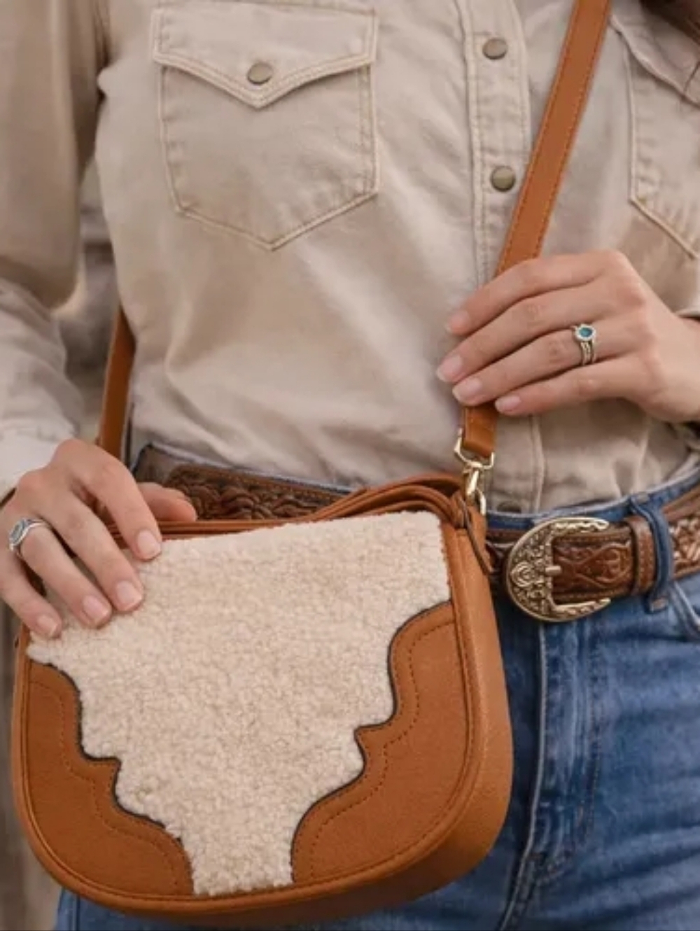 Jessica Simpson Tan Crossbody Bag with Cream Sherpa Front